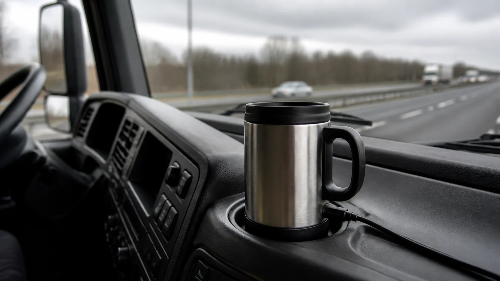 24V-compatible travel heating mug in a UK truck cab cup holder