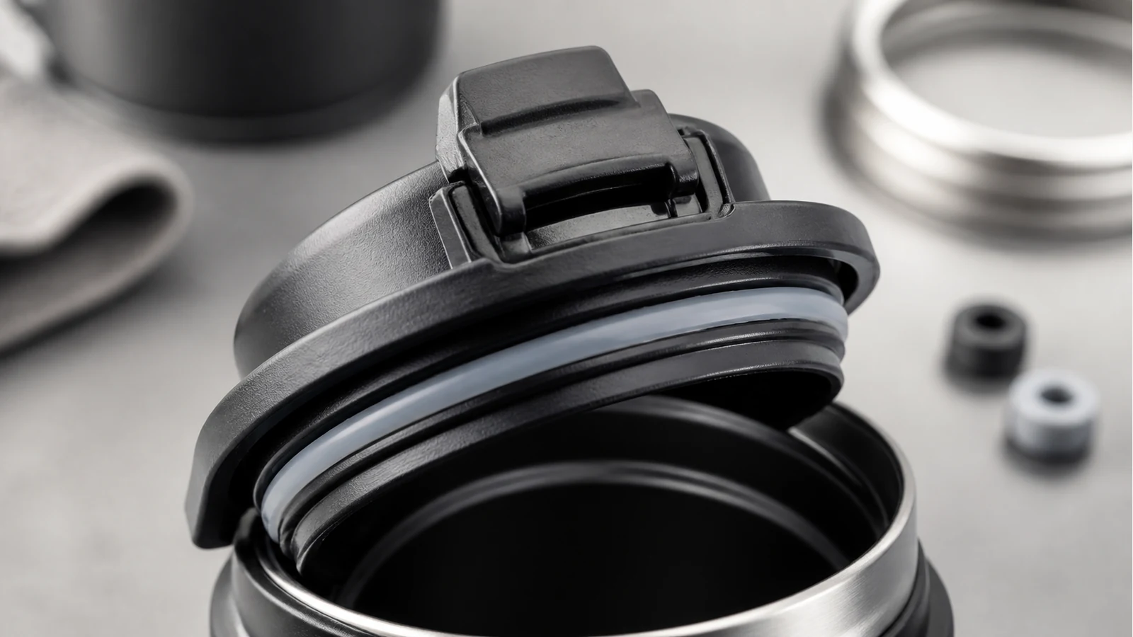 Close-up of an anti-spill travel kettle mug lid and seal