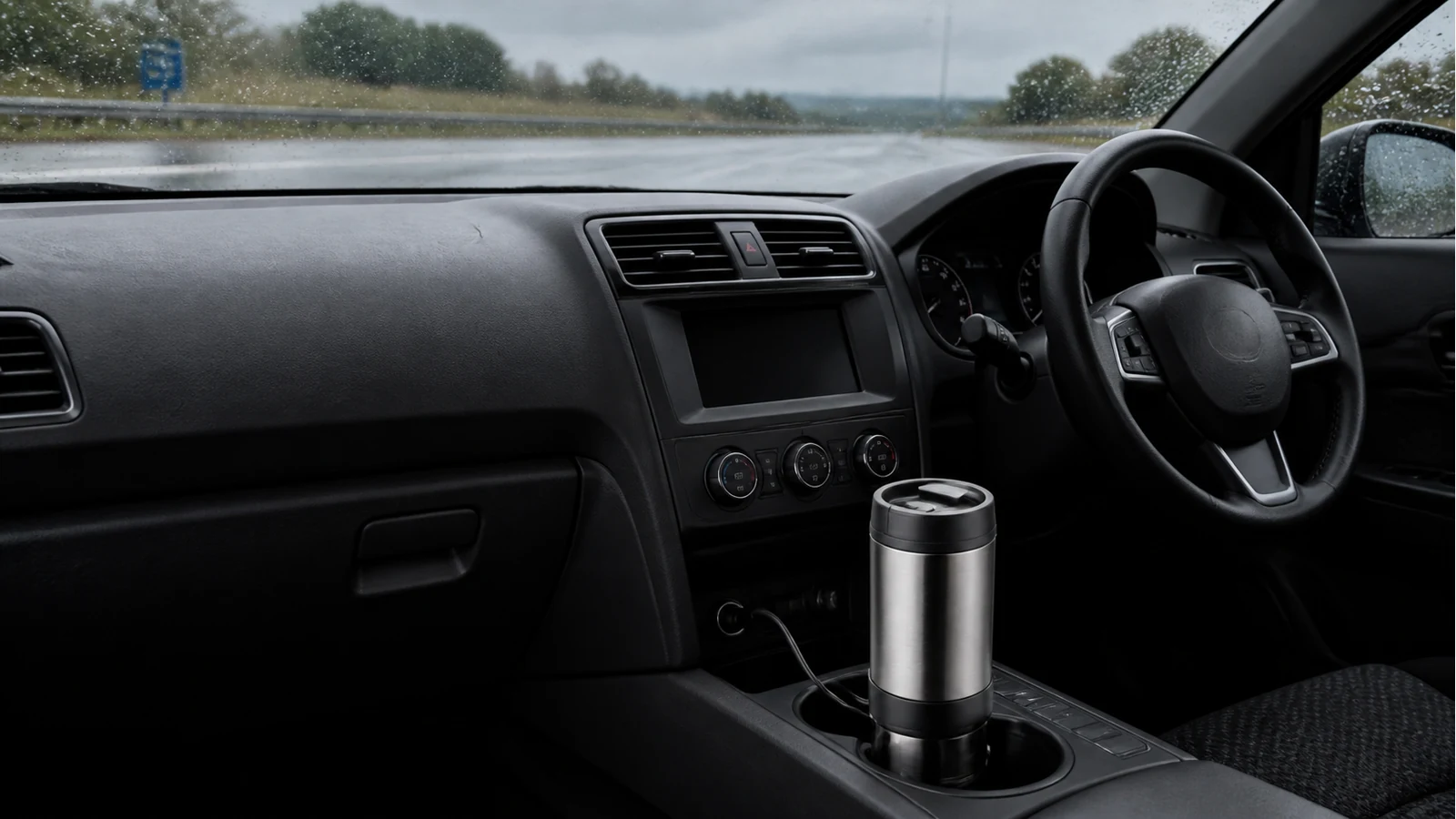 Compact 12V travel kettle mug secured in a car cup holder with anti-spill lid closed