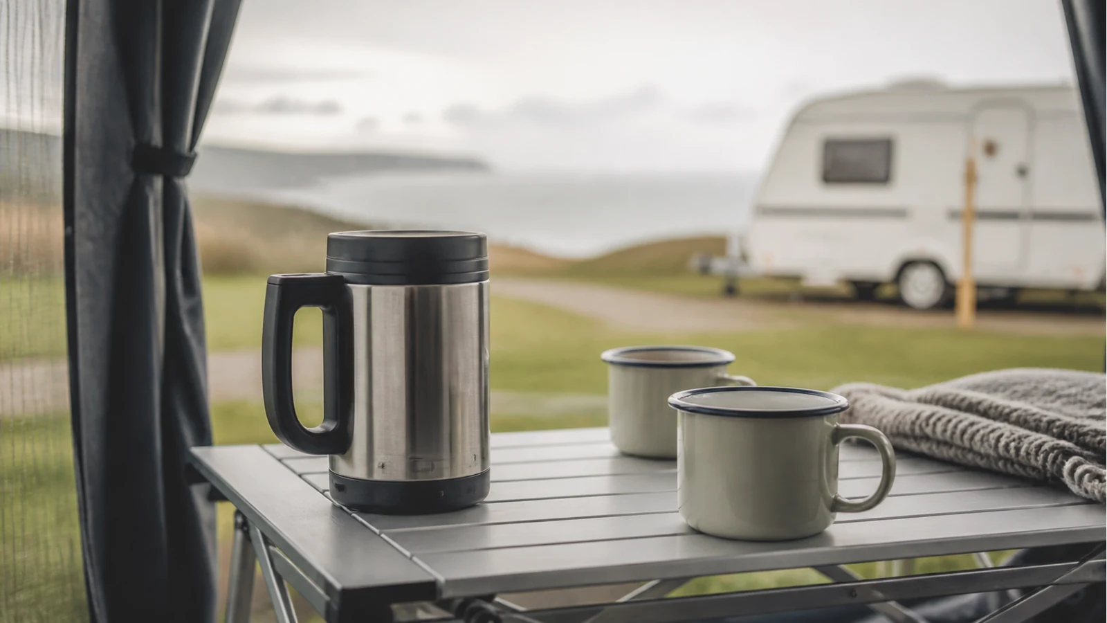 Caravan campsite table with a compact 12V travel kettle mug and two cups