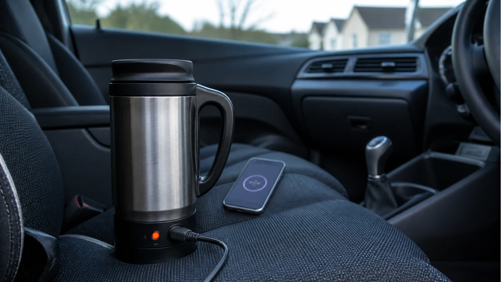 Travel kettle mug beside a phone timer illustrating slow 12V heating expectations