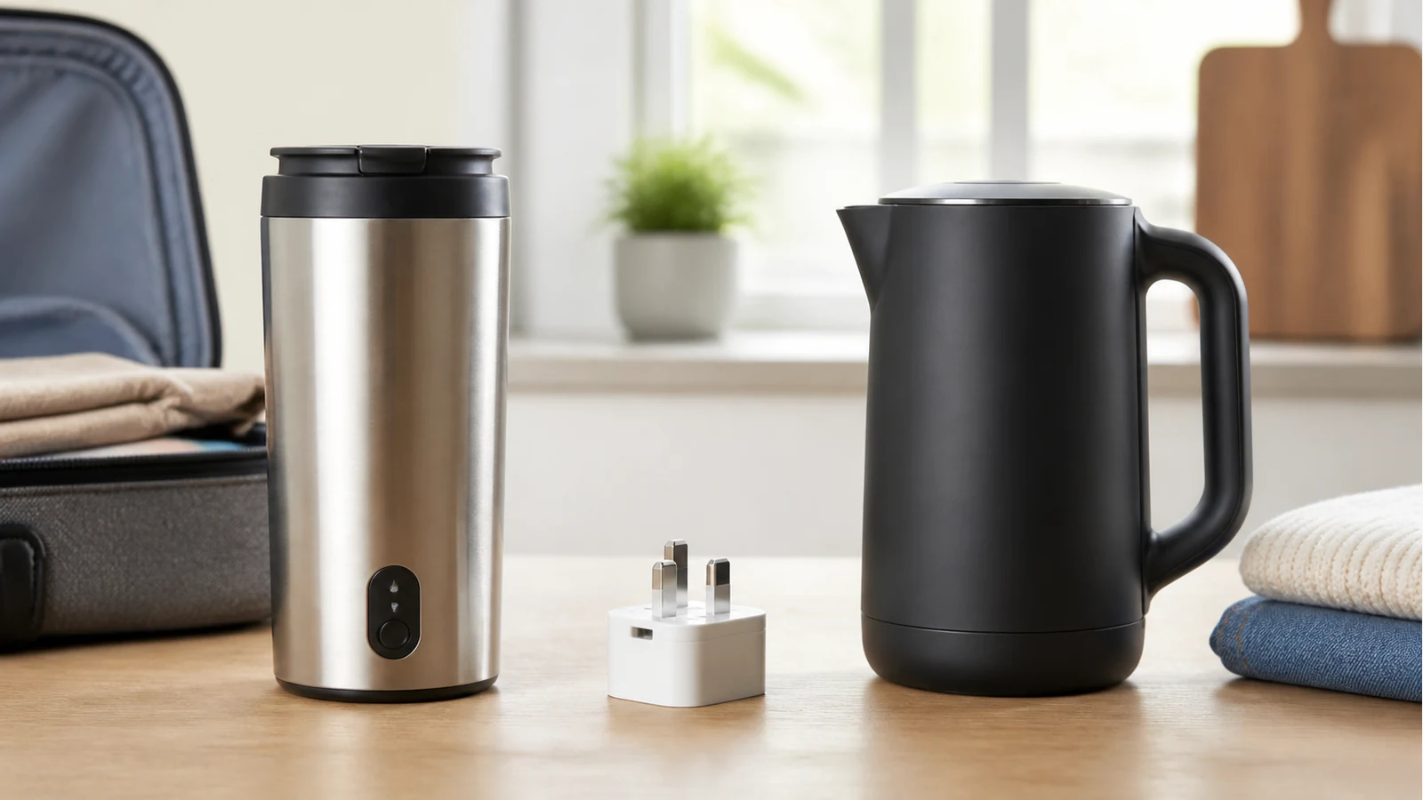 Side-by-side comparison of a portable heating mug and a compact travel kettle